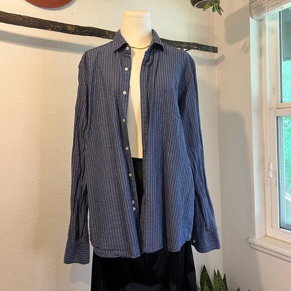 Ordean Blue Vertical Striped Long Sleeve Button Down Linen Shirt Italy Size XL - Picture 14 of 14